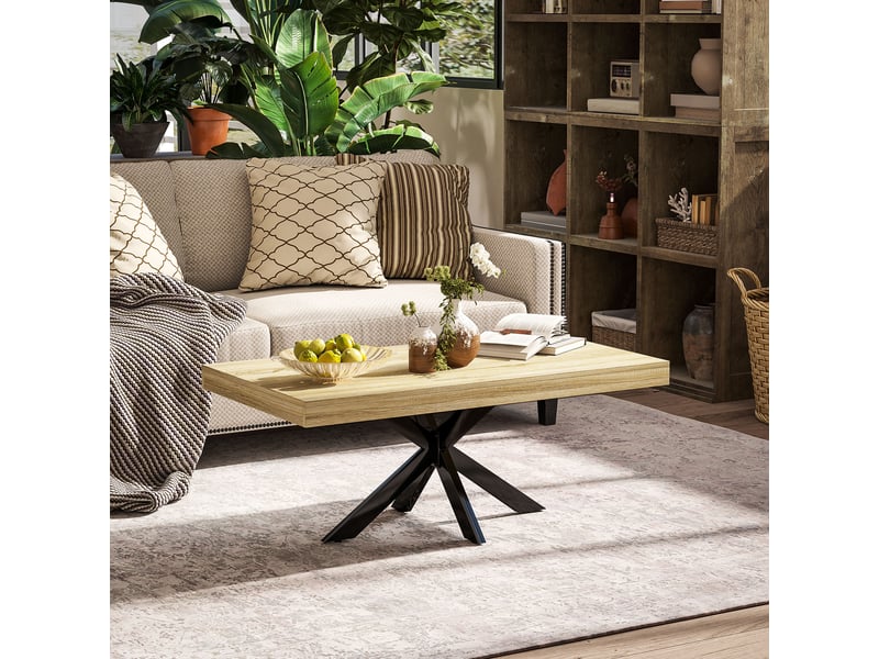  Table basse rectangulaire table d'appoint style industriel en métal noir et plateau dim. 110 x 60 x 45cm - aspect bois  - Conforama W