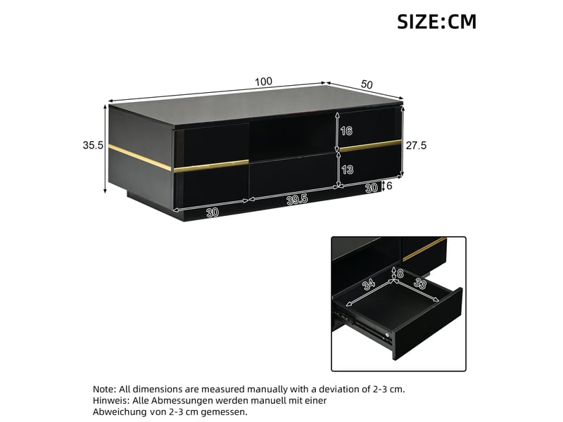  Table basse led avec rangement 100x50x35.5 cm en mdf noir et accents dorés  - Conforama C