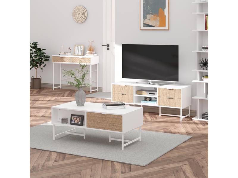  Table console industriel 2 tiroirs aspect bois de chêne sculpté motif à chevrons métal piètement blanc  - Conforama D