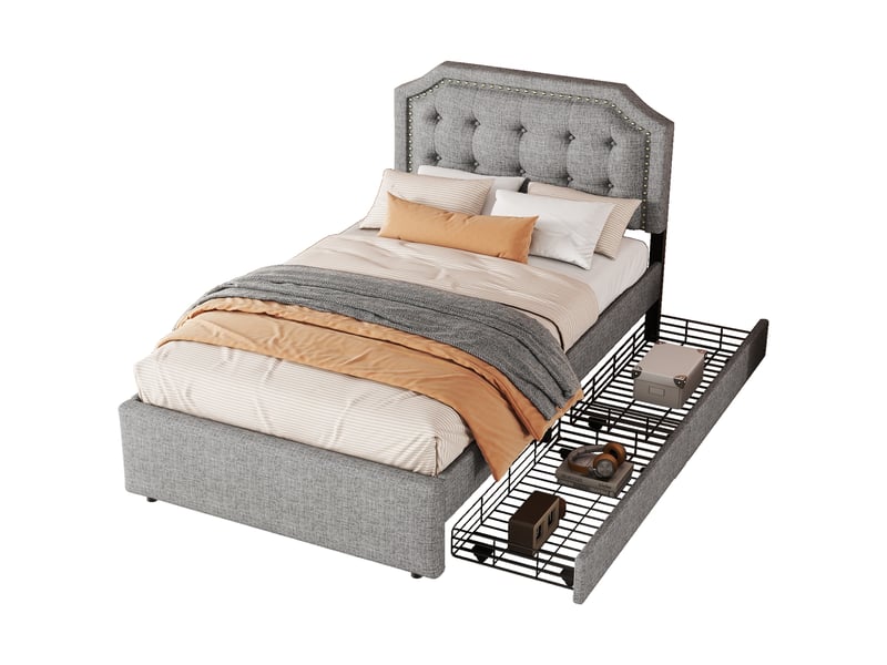  Lit jeune 90x200 cm avec tête réglable et 2 tiroirs, mdf, rose, sans matelas  - Conforama A