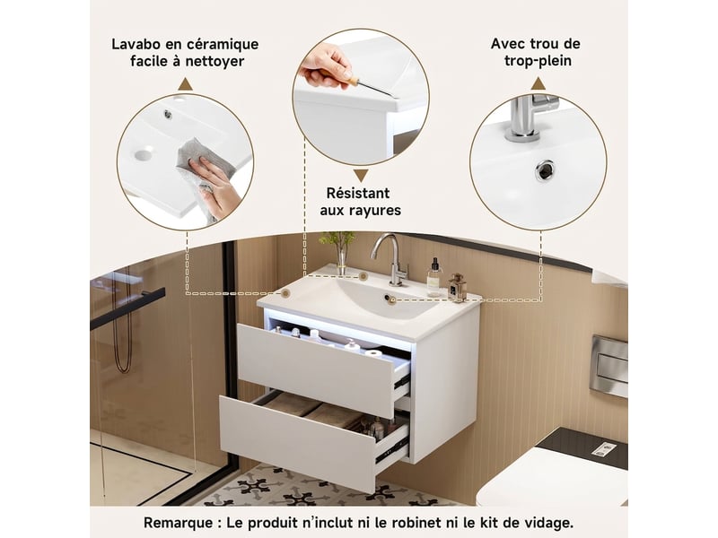 Meuble salle de bain suspendu 61 cm blanc laqué avec led capteur - Conforama B