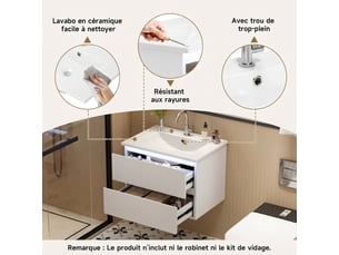 Meuble salle de bain suspendu 61 cm blanc laqué avec led capteur