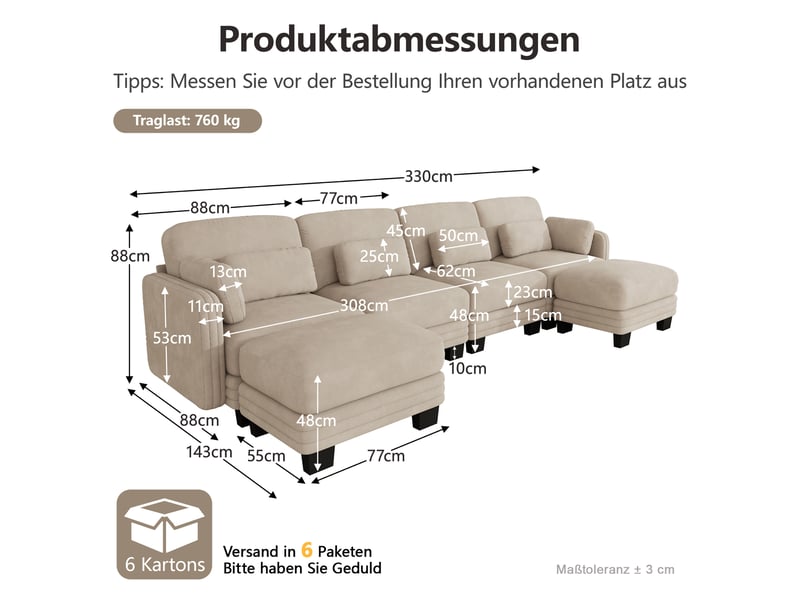  Canapé modulaire en u 4 places 330x143x88 cm, 2 poufs, assise large profonde, doux et élastique, chenille, café clair  - Conforama C