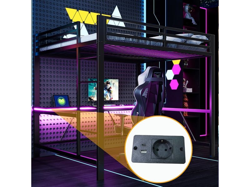  Lit mezzanine noir 160x200 cm en métal avec bureau de jeu, éclairage led, station usb, étagères et barrières de sécurité  - Conforama E