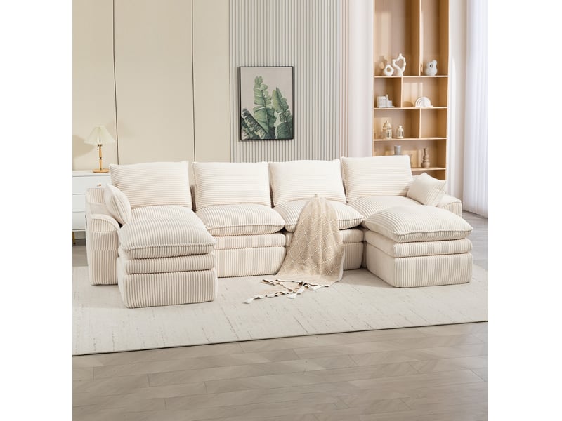  Canapé modulable 4 places en velours côtelé beige avec 2 poufs, coussins et poches latérales  - Conforama C