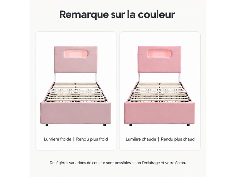  Lit enfant rembourré 90 x 200 cm à tête réglable avec éclairage led, 4 tiroirs de rangement, lit d'appoint pour chambre, rose  - Conforama E