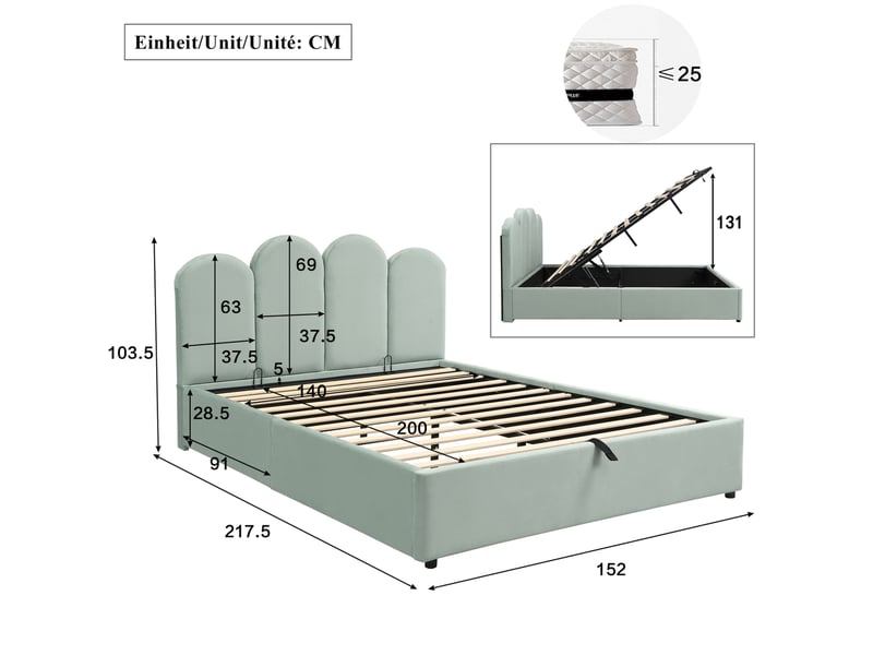  Lit double coffre 140x200 cm, relevage hydraulique, tête de lit arquée, velours, avec matelas non inclus, vert clair  - Conforama C