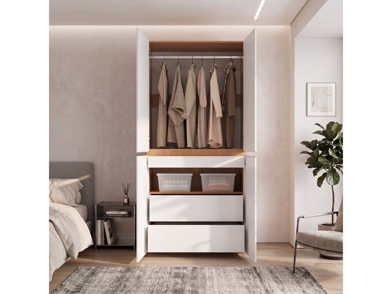  Armoire de chambre 90 x 50 x 200 cm, dressing de rangement avec penderie et tiroir à bijoux, 4 portes 3 tiroirs, mdf style moderne scandinave, blanc  - Conforama C