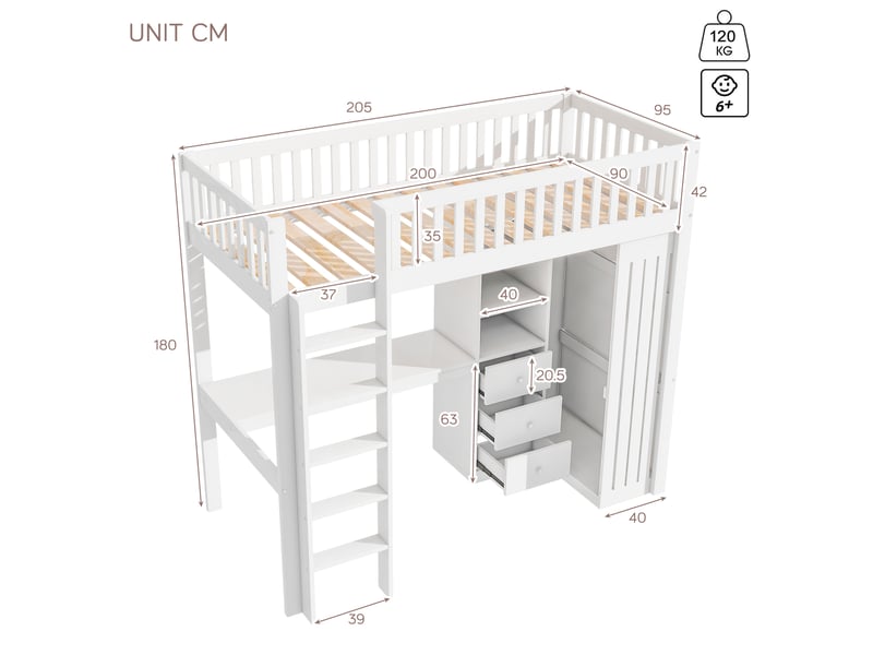  Lit mezzanine enfant 90x200 cm avec bureau, armoire, 3 tiroirs et escalier blanc  - Conforama C