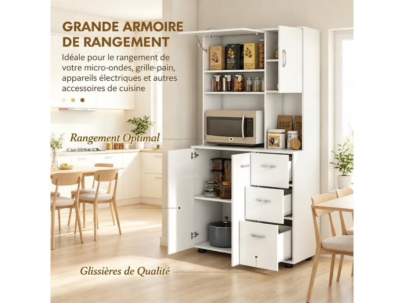 Meuble de cuisine muvano blanc, trois tiroirs et placards, armoire de cuisine hauteur 168 cm - Conforama E