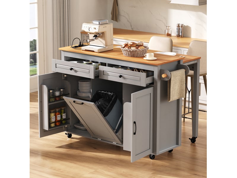  Îlot cuisine mobile 120x40-75x92 cm plan extensible 40-75 cm prises compartiment poubelle roulettes mdf gris  - Conforama B