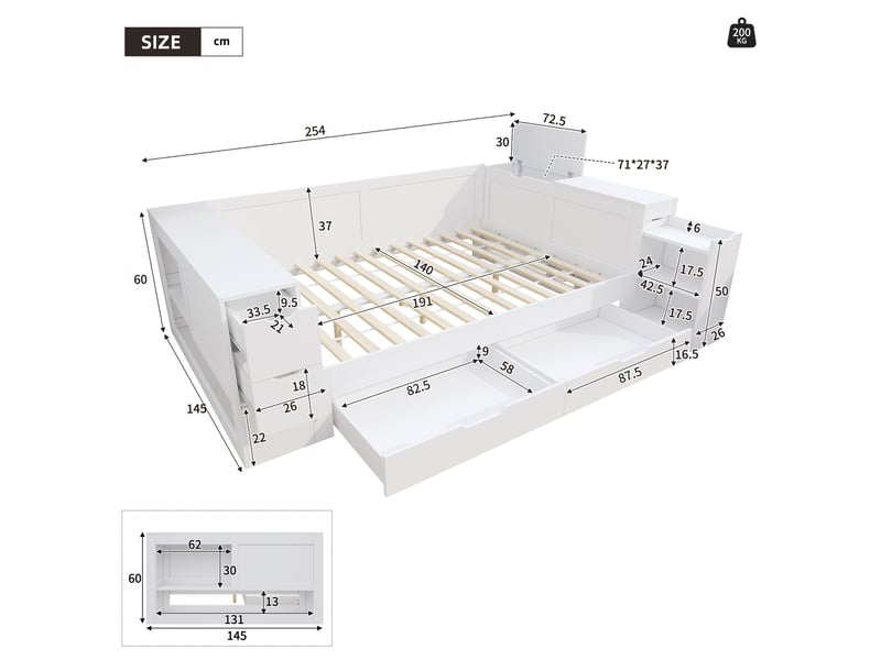 Lit coffre enfant 140x190cm lit double multifonctionnel tiroirs 58 cm rangements mdf blanc sans matelas  - Conforama C
