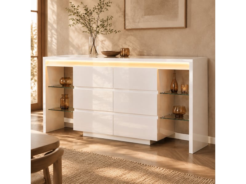  Meuble tv led avec 6 tiroirs et étagères en verre 155 cm evryae  - Conforama B