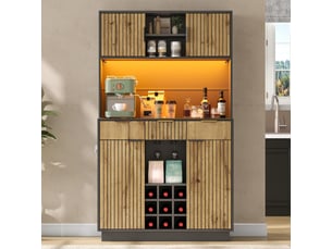 Armoire de cuisine 105x40x180cm, buffet avec led et prises, 3 tiroirs, casier à bouteilles et porte-verres, noir et naturel