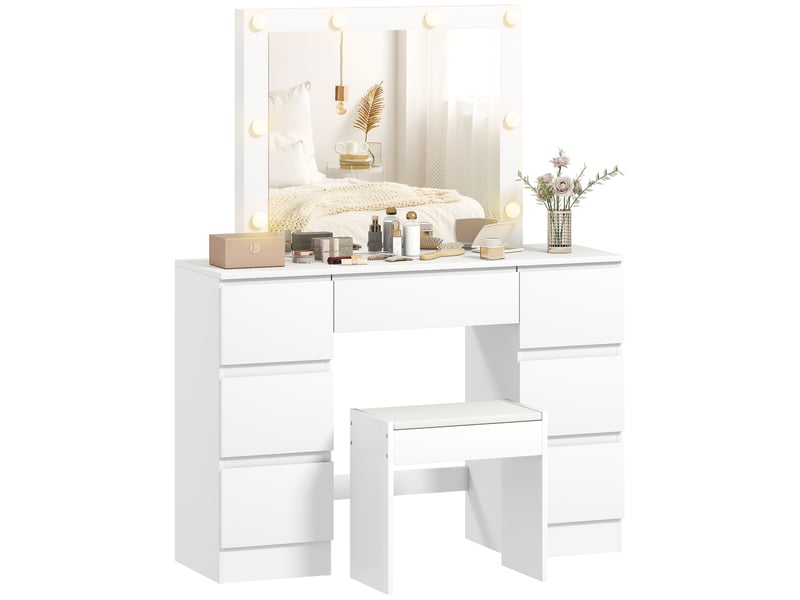  Coiffeuse style hollywood avec miroir, 8 lumières led, 7 tiroirs et tabouret rembourré, blanche  - Conforama A