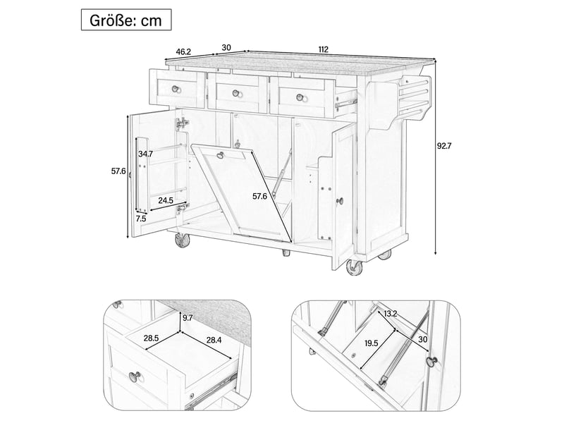  Îlot de cuisine mobile gris avec roulettes, table extensible, tiroirs et compartiment pour poubelle  - Conforama C