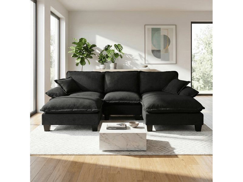 Canapé d’angle modulable en u modenvie 5 places avec 2 poufs mobiles et 2 coussins souples, revêtement chenille noir - Conforama E