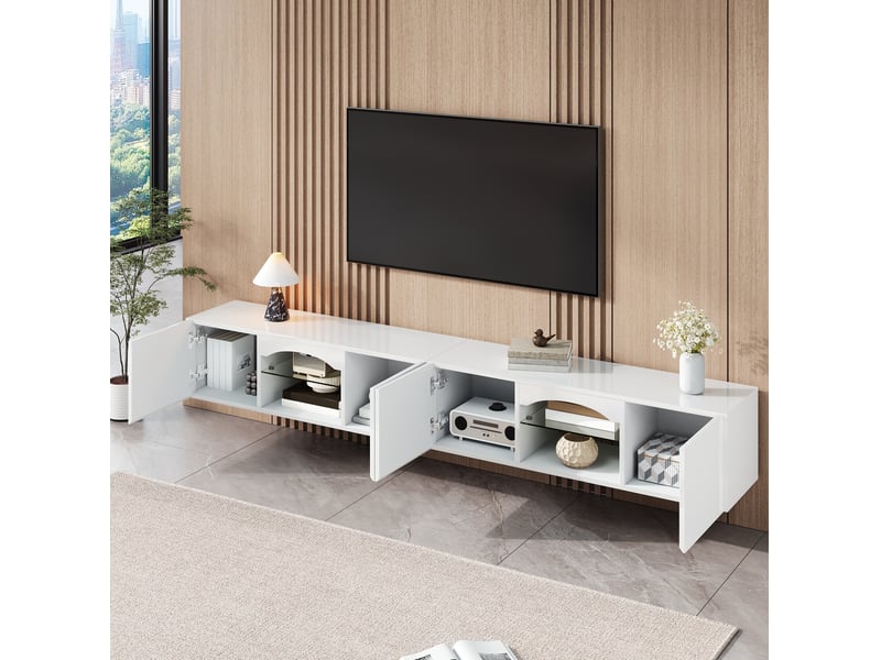  Meuble tv bas 4 portes avec led pilotée par application 200x30x28 cm blanc brillant  - Conforama B