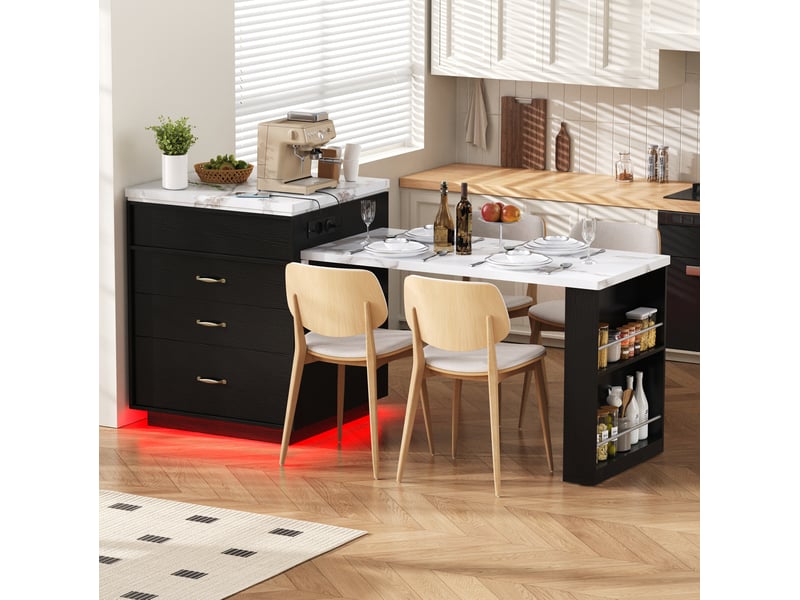  Îlot de cuisine avec table extensible 126-188x71x93 cm, roulettes, led, prises usb, mdf, noir  - Conforama B