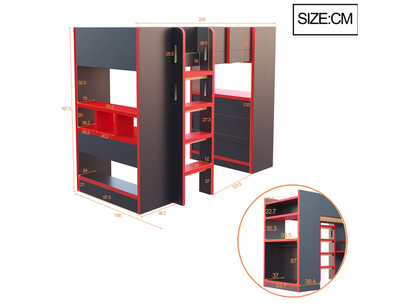  Lit mezzanine 90x200 cm avec bureau, rangements, prises et led, noir et rouge  - Conforama E