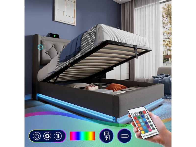  Lit coffre 90x200 - lit simple rembourré avec fonction usb type-c et led - coton - matelas inclus - gris  - Conforama E