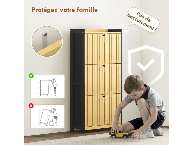  Meuble à chaussures 18 paires avec 3 tiroirs rabattables, portes en bambou à lattes, noir et bois naturel, 60x24x118cm  - Conforama W