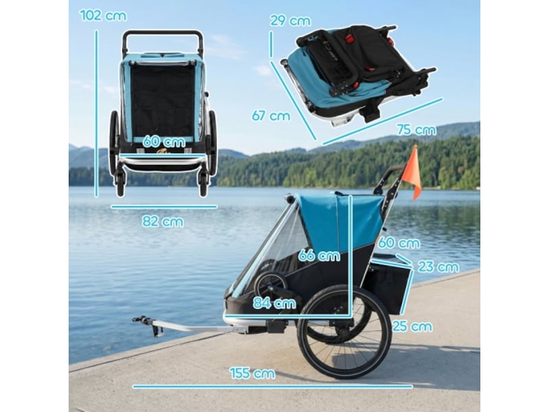  Remorque vélo enfant bleue 2 places, 2 en 1 pliable, siège réglable, harnais de sécurité  - Conforama C