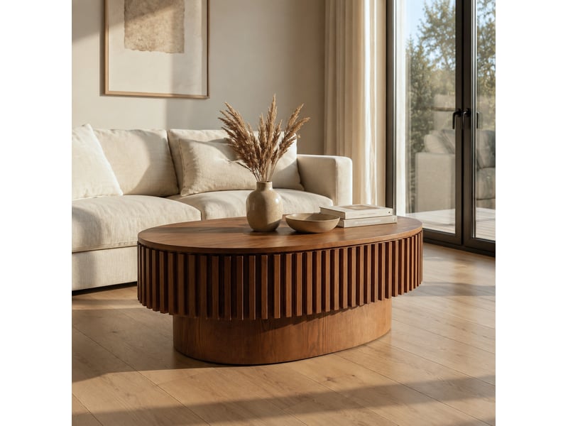 Table basse ovale 98 cm en mdf plaqué bois foncé, rangement caché et finition laquée pour votre salon - Conforama B
