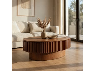 Table basse ovale 98 cm en mdf plaqué bois foncé, rangement caché et finition laquée pour votre salon