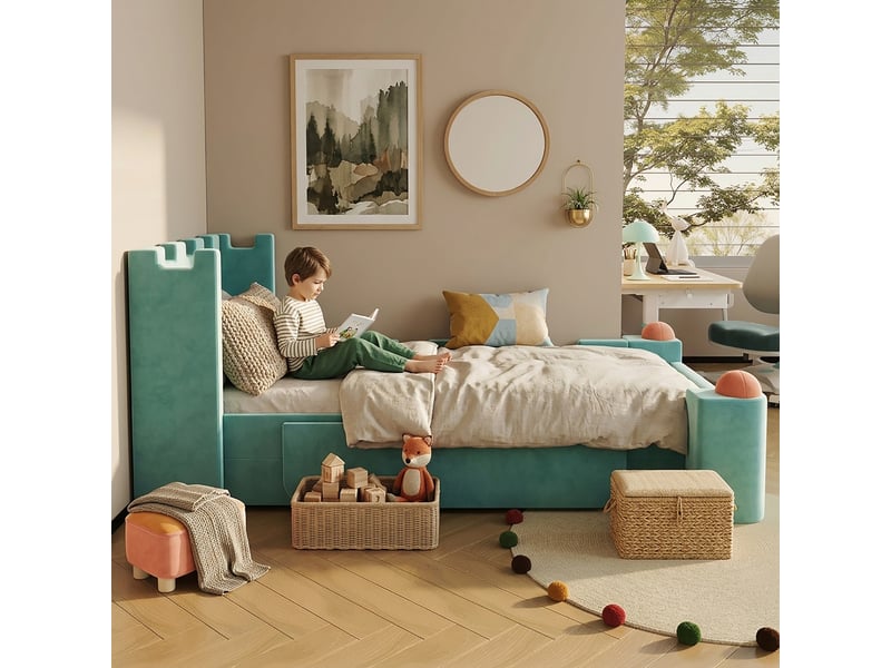  Lit enfant simple avec tiroir, tablette rabattable et bords rembourrés, 90x200 cm, sans matelas, bleu vert  - Conforama C