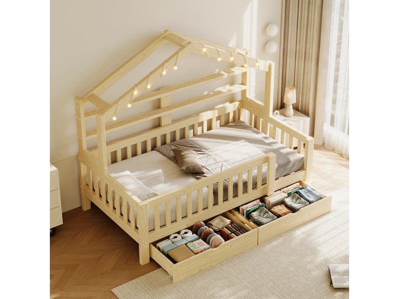  Lit cabane 90x200 cm avec led, 2 tiroirs de rangement et barrières de sécurité, lit enfant avec toit en forme de maison, pin et mdf, coloris naturel  - Conforama C