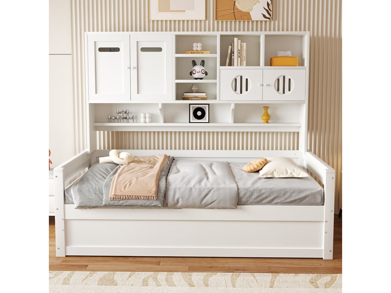 Lit coffre hydraulique 90x200 cm avec rangements, pin blanc, sans matelas - Conforama R