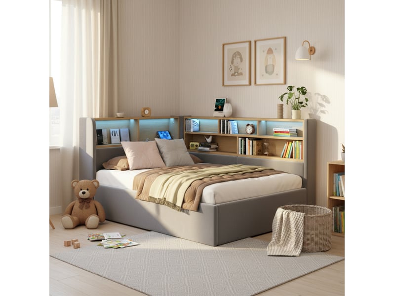  Lit enfant rangement hydraulique, led et usb en velours gris  - Conforama B