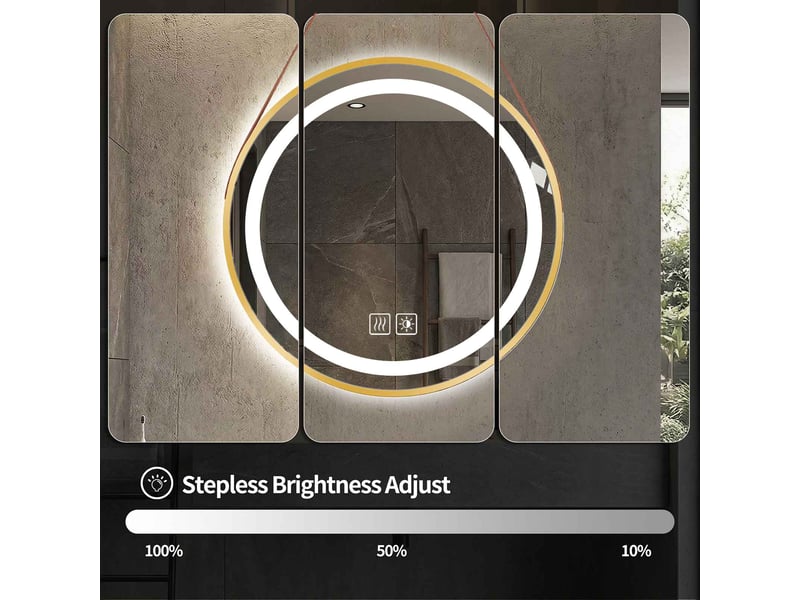 Miroir led rond 50 cm doré en métal avec sangle marron commande tactile et antibuée pour salle de bain - Conforama E