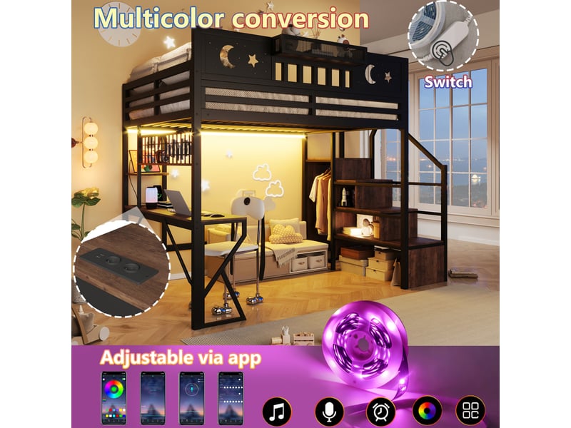  Lit mezzanine, 140 x 200 cm, structure en fer, panneau perforé, étagères multiples, bureau, port usb, barrière de sécurité, éclairage led, pieds en forme de k, matelas non inclus, noir  - Conforama D