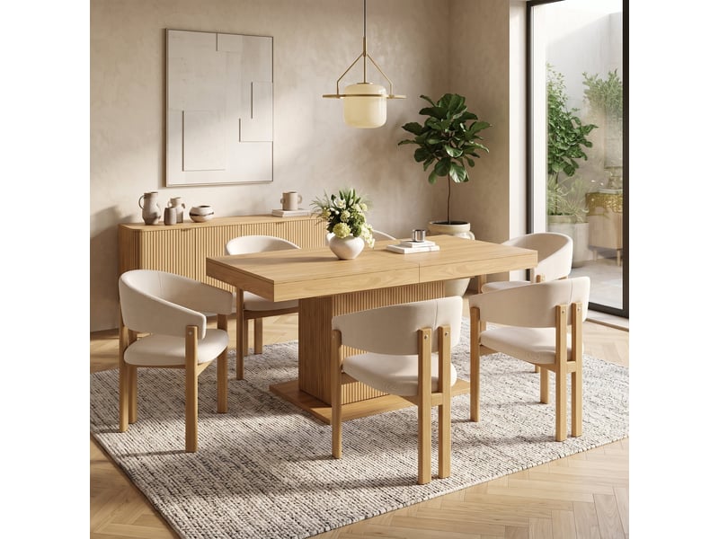  Ensemble table à manger extensible 140-180 cm + 6 chaises en tissu lin, rangement intégré, portes rainurées, étagères amovibles  - Conforama R