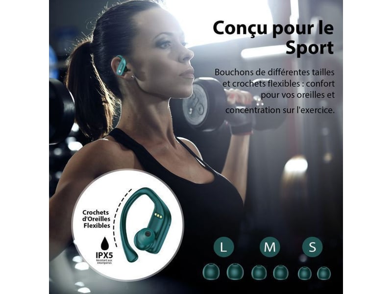  Ecouteurs bluetooth sport ipx7 led type-c charge rapide sml vert  - Conforama E