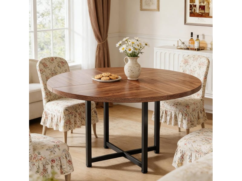 Table de salle à manger ronde pour 4 à 6 personnes, style industriel, en métal et bois noir et marron, diamètre 120 cm - Conforama B