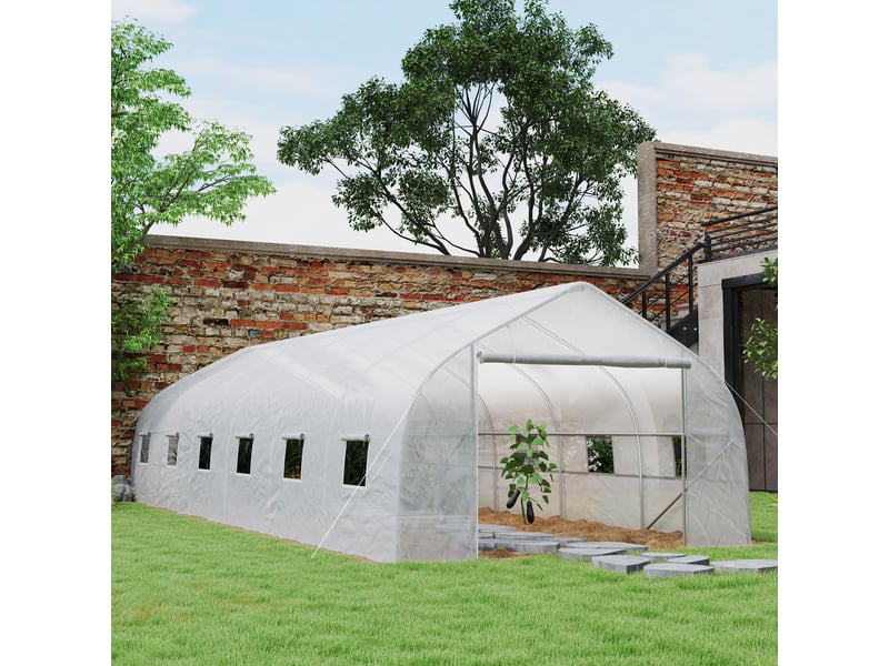  Serre de jardin tunnel grande taille avec bâche pe cadre en acier porte enroulable et 12 fenêtres 8 x 3 x 2 m blanc  - Conforama C