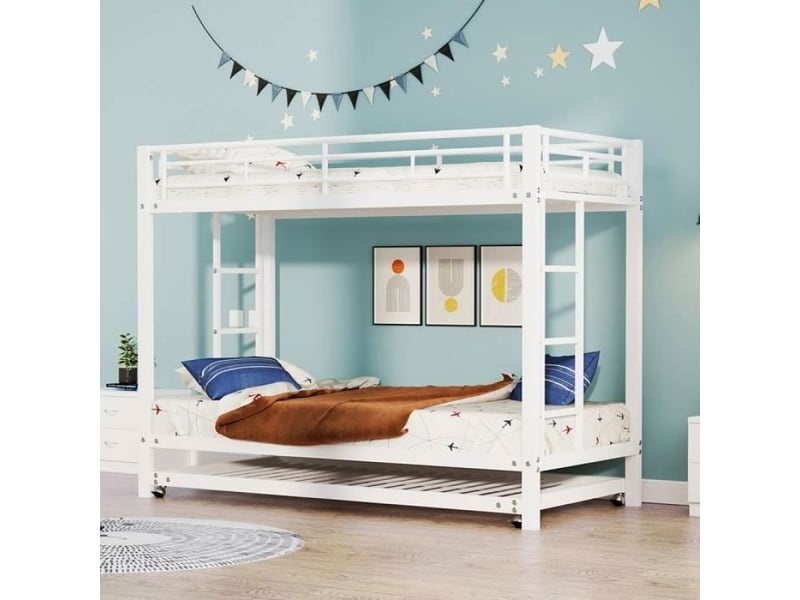  Lit superposé 3 etage - autrement - 90x200cm - métal - blanc - lit avec tiroirs  - Conforama C