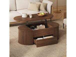 Table basse ovale relevable 100x50x35 cm - 1 tiroir - rangement dissimulé - mdf et panneaux de particules - noyer