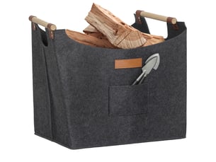 Panier à bûches en feutre pliable 50 l, poignées en bois, charge 15 kg, gris