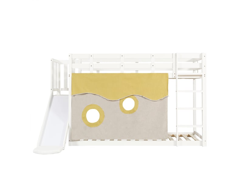  Lit superposé enfant 90x200 cm, avec toboggan et escalier cabane de jeu avec rideaux barrière de sécurité, en bois de pin et mdf, blanc  - Conforama D