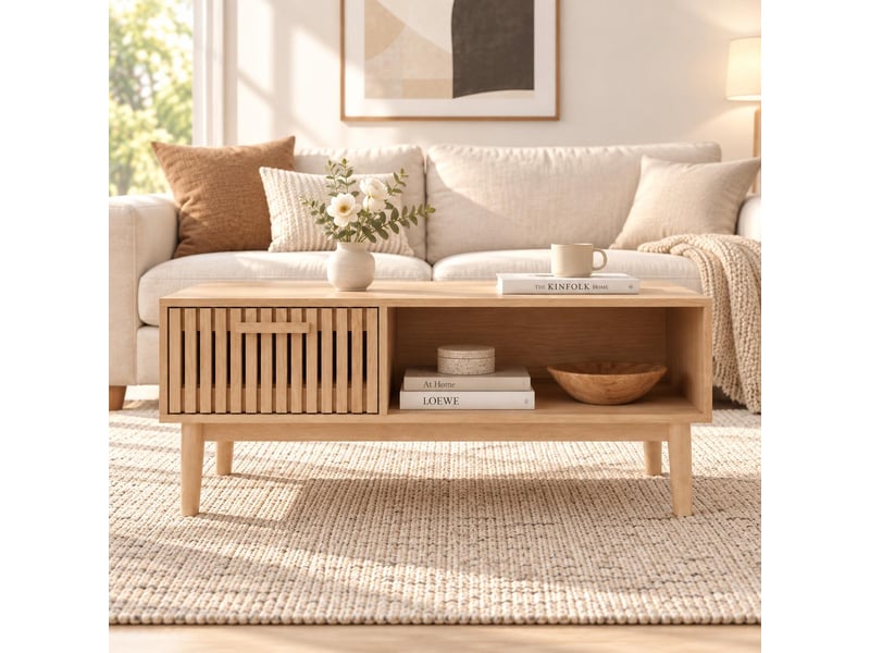  Table basse fixe 100 cm, 1 tiroir et porte coulissante à persiennes, style scandinave japandi, pieds en bois massif, bois clair  - Conforama C