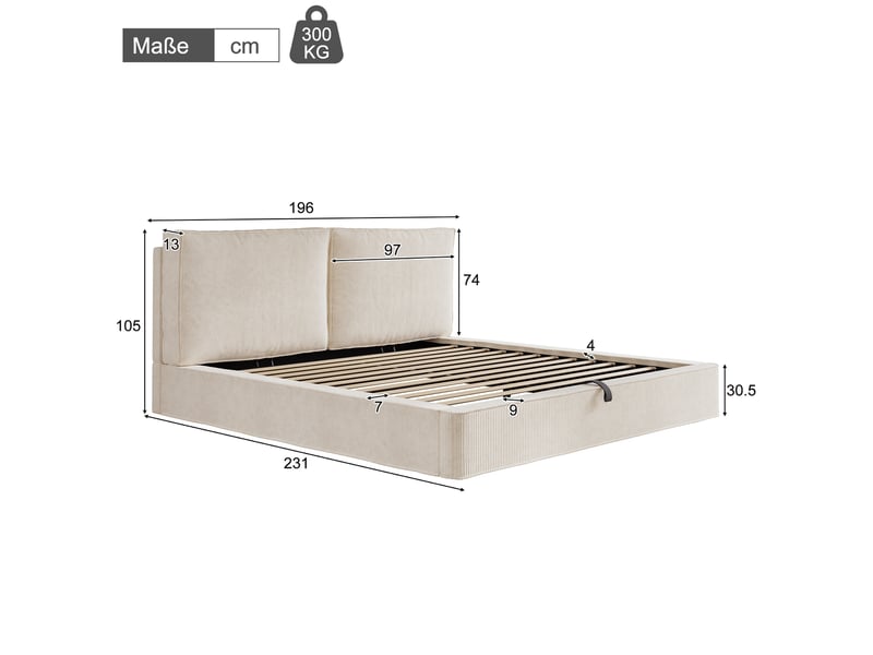  Lit coffre double 180 x 200 cm beige en velours côtelé avec sommier à lattes et tête de lit  - Conforama E