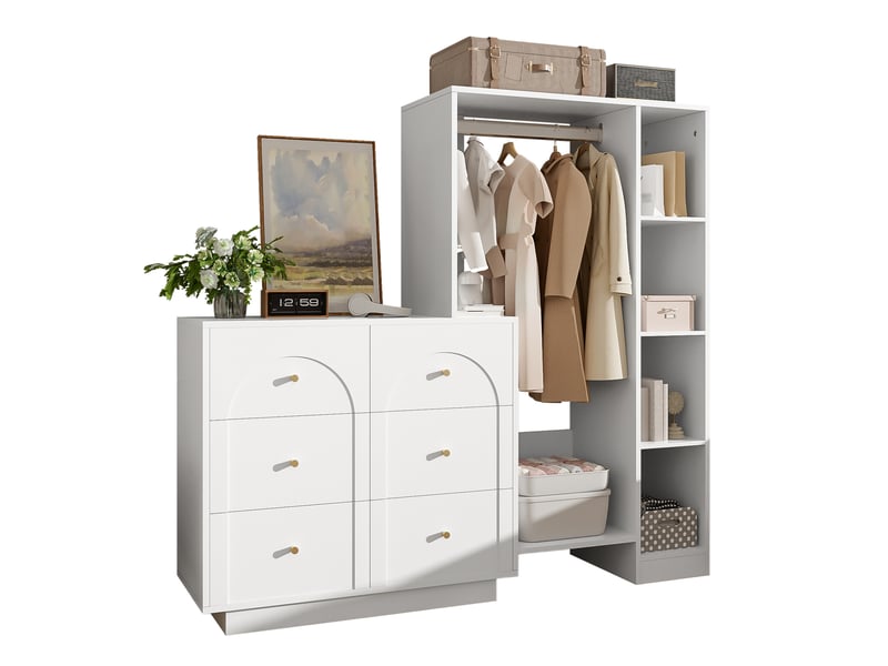 Armoire ouverte modenvie 139 x 35 x 133 cm avec penderie 6 tiroirs et étagères blanches - Conforama A