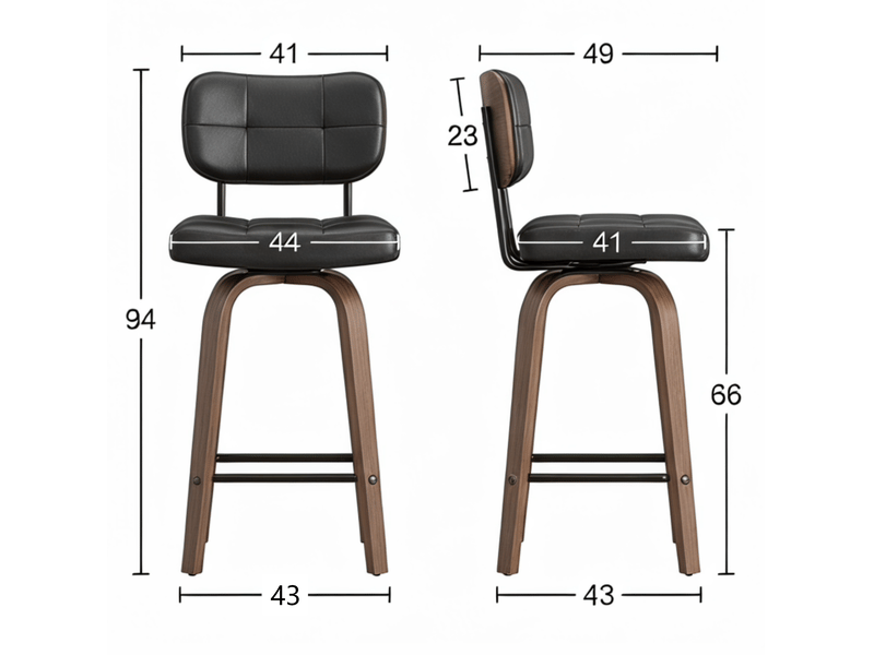  Tabouret de bar pivotant avec dossier ergonomique et assise en pu, bois foncé et noir  - Conforama D