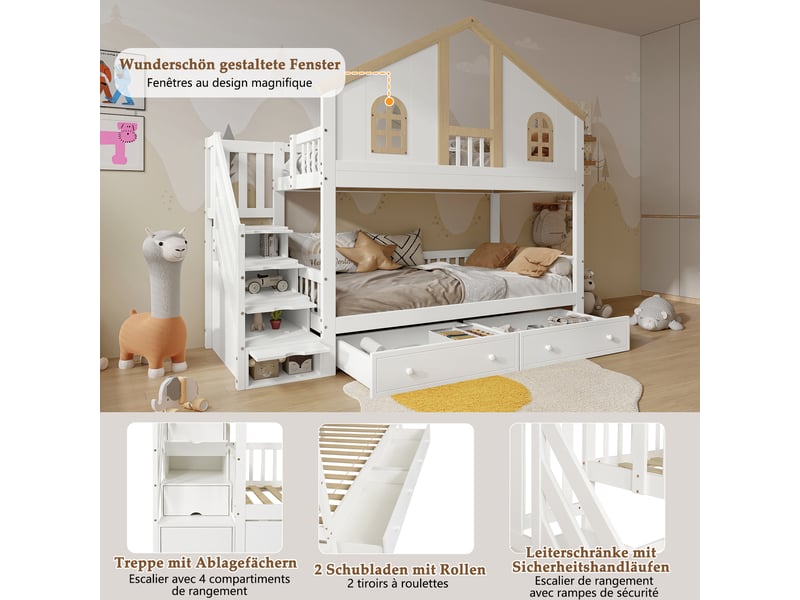 Lit superposé enfant,90x200 cm,avec escalier de rangement,blanc et naturel - Conforama E