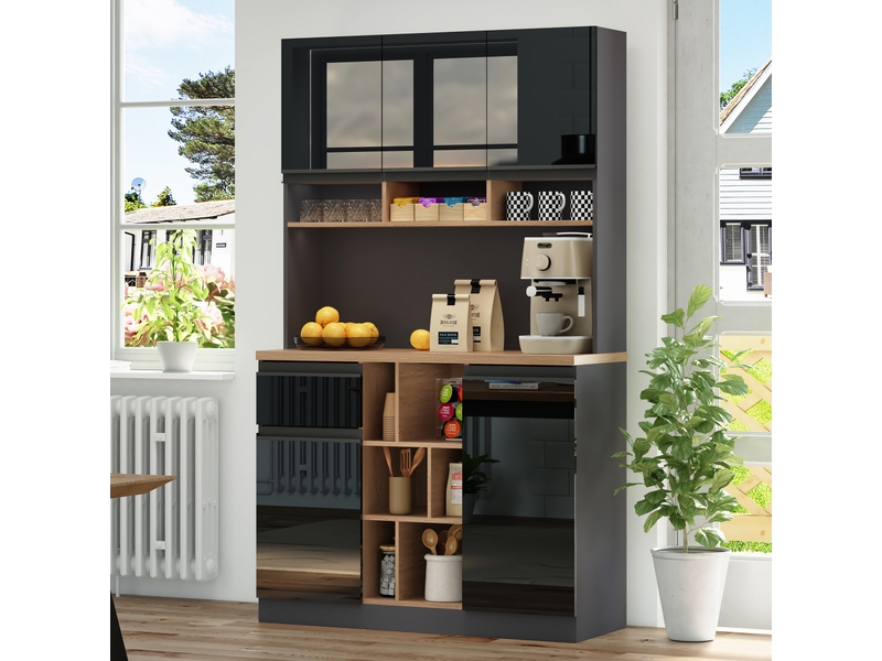  Buffet de cuisine haut, façades contrastées et étagères réglables, 105 × 45 × 185 cm, noir  - Conforama D