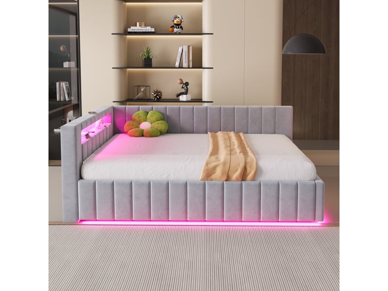  Lit coffre rembourré 2 places 140x200 cm avec rangement hydraulique, led, usb, tête de lit et dossier rembourrés, sommier à lattes, velours gris clair  - Conforama D
